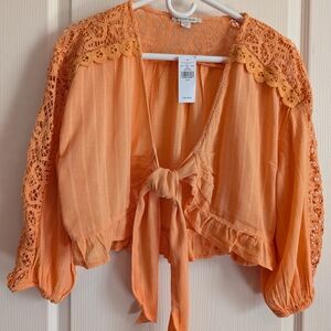 American Eagle Outfitters Peach Lace Tie-Front Blouse